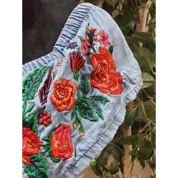 Divided Women Blue Floral 100% Lyocell Off The Shoulder Casual Top Blouse Size 2 - Picture 3 of 12